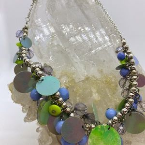 necklace of colorful discs - greens and blues, silver base